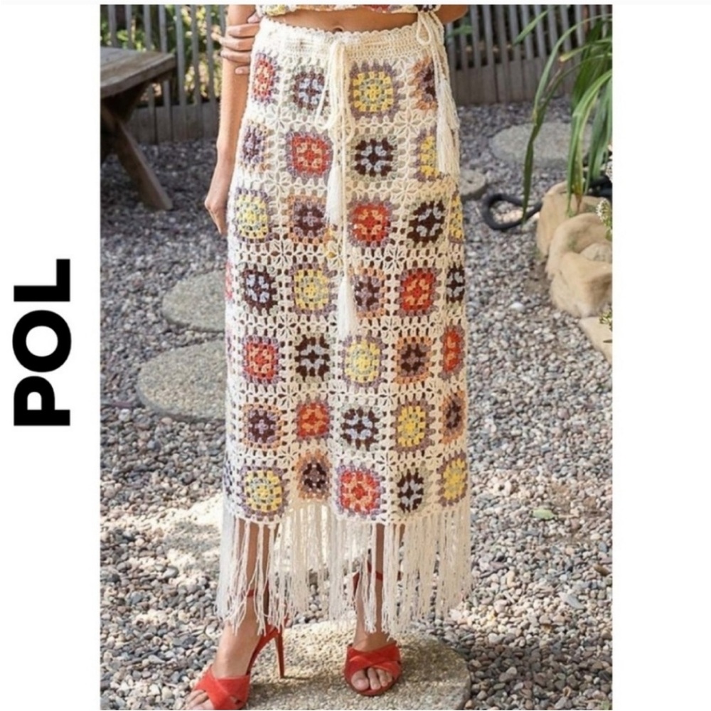 POL Boho Crochet Fringe Maxi Skirt - Cream, Brown, Yellow